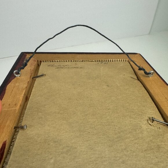 Vtg 1950s Needlepoint Art Girl in Blue Dress w Flowers w Gold Framed 7 in x 6 in - Picture 7 of 11